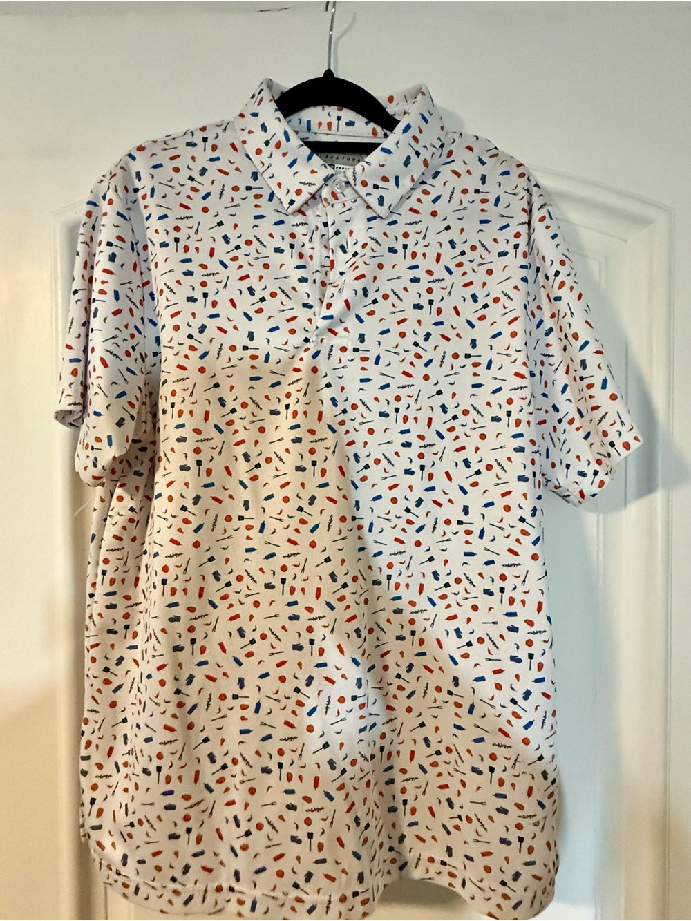 PGA Tour White Polo with Blue, Red and Black Confetti Print